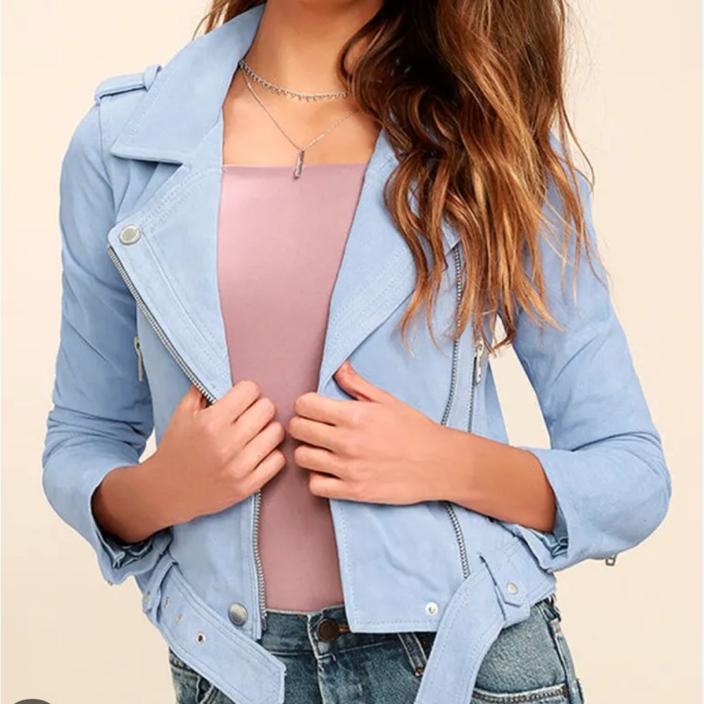 Blank NYC Backhanded Periwinkle Blue Suede Leather Moto Jacket- MEDIUM, $198